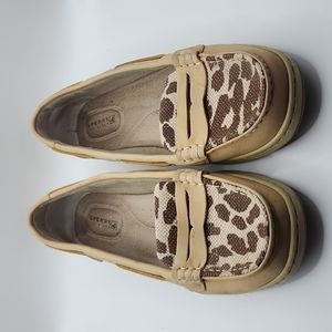 Sperry tan, brown & gold leopard print leather & canvas deck boat size 7.5 shoes